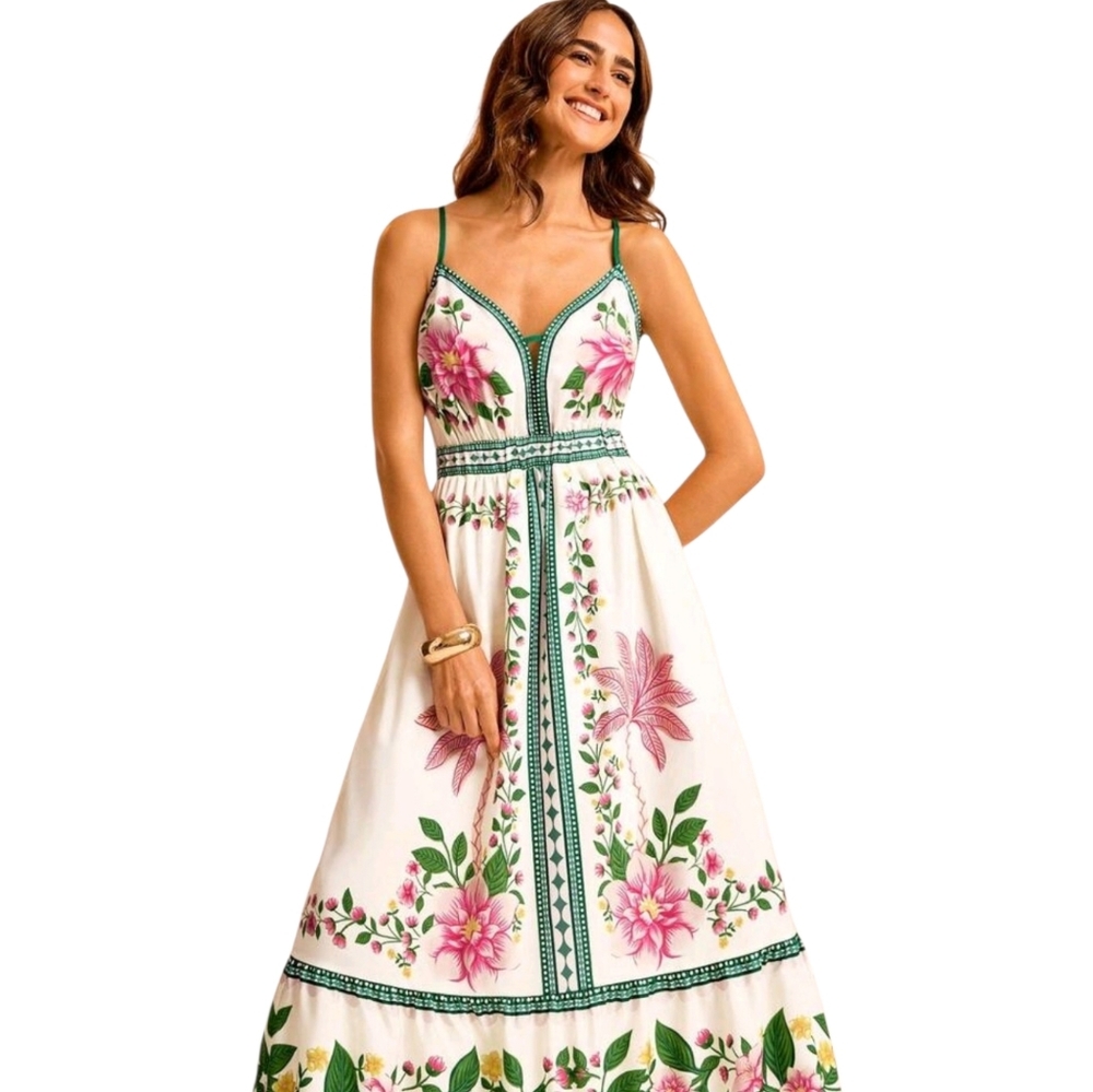 Floral Maxi Dress with Green Trim and Pink Blooms